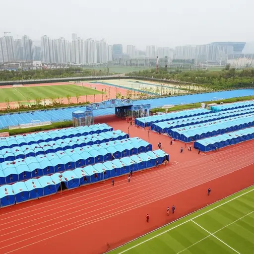 救援队在学校操场上搭建了一个临时营地。