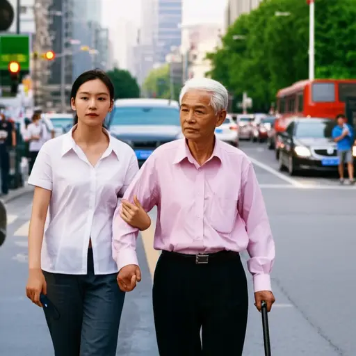 她小心翼翼地带着那位老人穿过繁忙的街道。