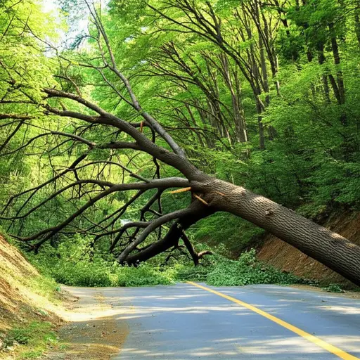 一棵倒下的树挡住了路。