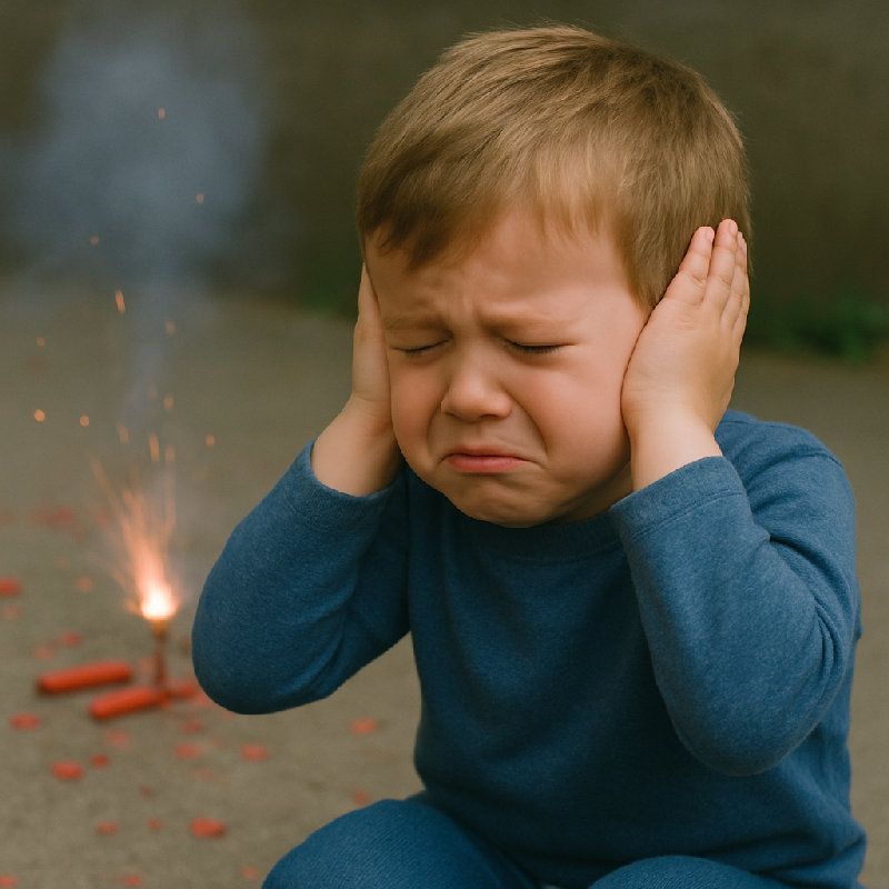 小孩在鞭炮响时捂住耳朵。