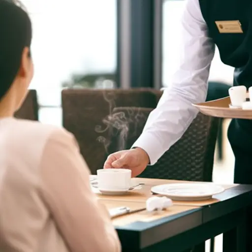 服务员给那位顾客端上了一杯热咖啡。