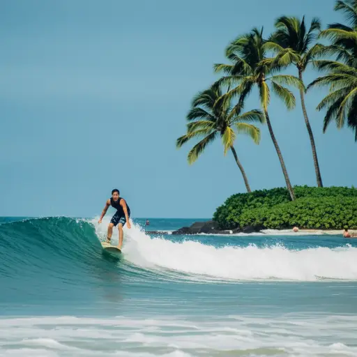 他在夏威夷学会了冲浪，现在可以轻松驾驭大浪。