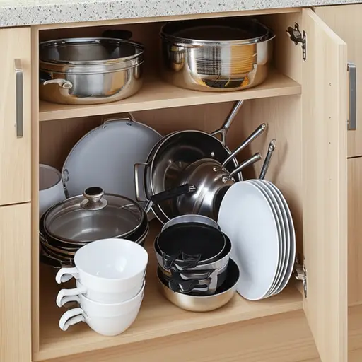 厨房的橱柜里放满了锅碗瓢盆。