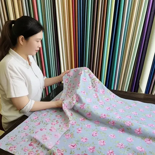 她选择了一块带有复杂花卉图案的布料。