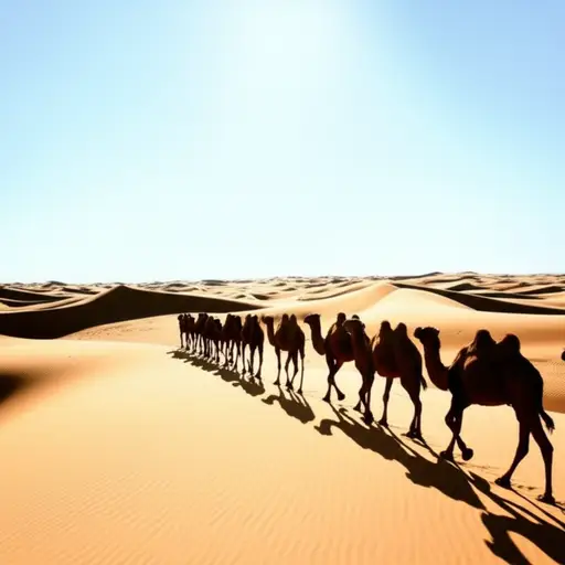 骆驼商队缓慢地穿过广阔的沙漠。