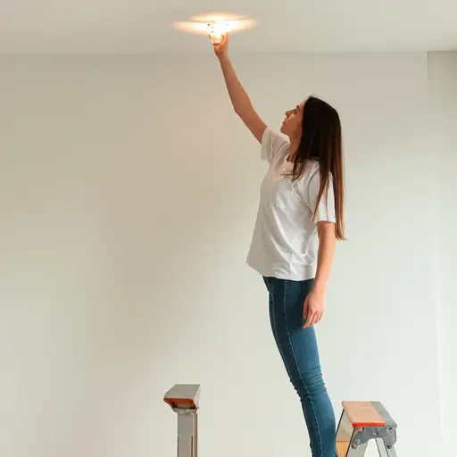 她爬到椅子上换灯泡。