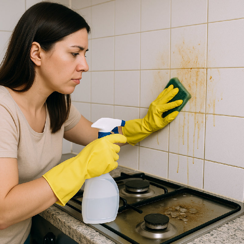 她正在清理墙上的油渍。 