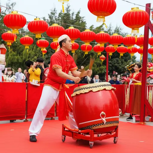 在春节庆典上，鼓手用力敲打着大鼓。