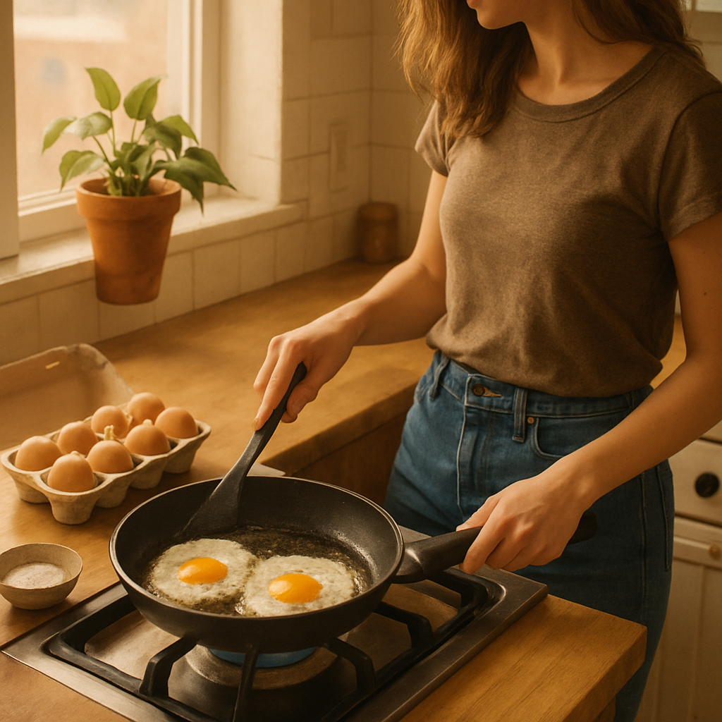 她正在煎鸡蛋做早餐。
