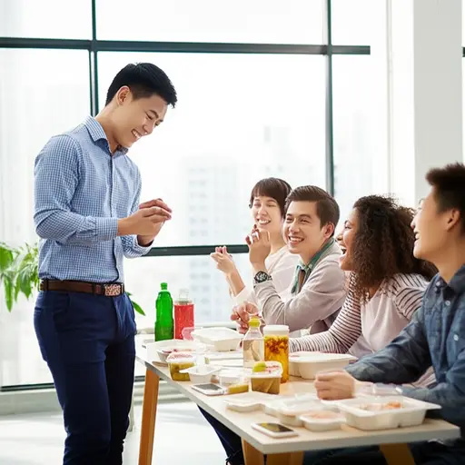 他常在午休时讲有趣的故事来逗乐同事们。