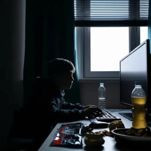 他对电脑游戏的沉迷意味着他在室内花费了太多时间。