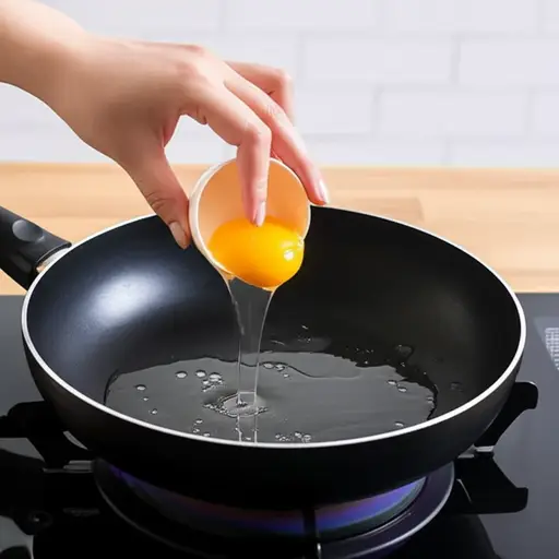 她往热平底锅里打了个鸡蛋。