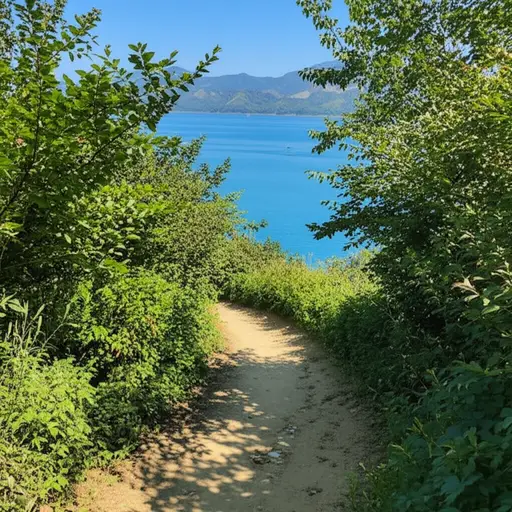 这条小径穿过森林通向一个湖泊。