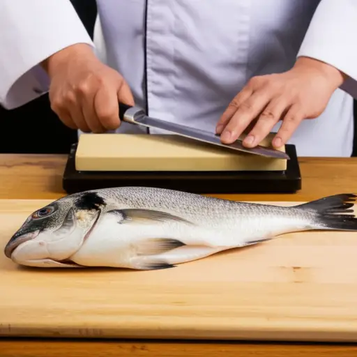 厨师在准备鱼之前，把他最喜欢的刀的刀刃磨锋利了。