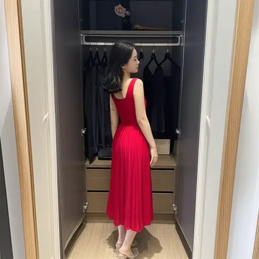 她喜欢穿深色的衣服，尤其是那条暗红色的裙子。