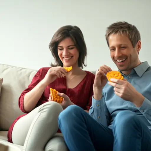 我们躺在沙发上，分享着零食。