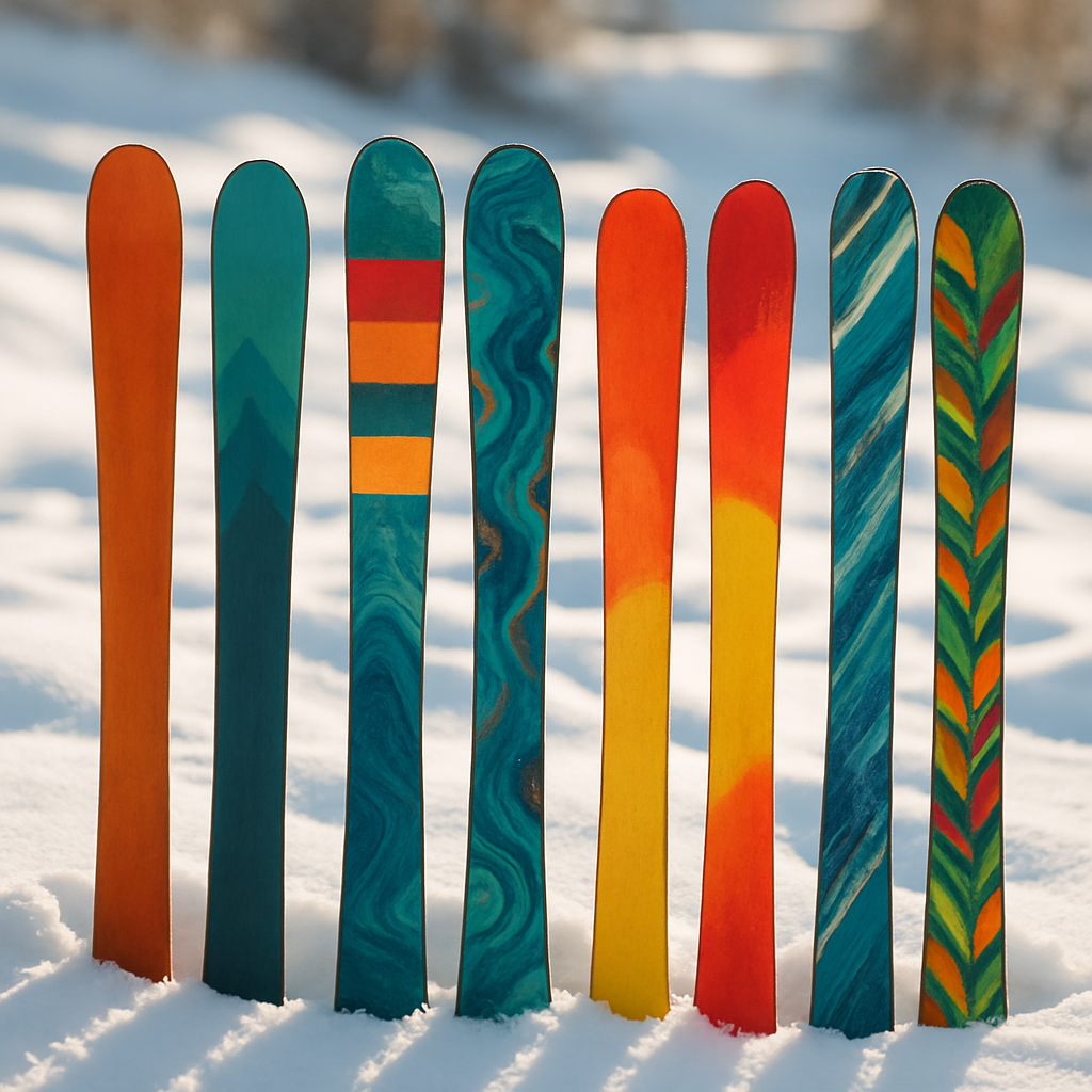 滑雪板有不同的颜色和图案。