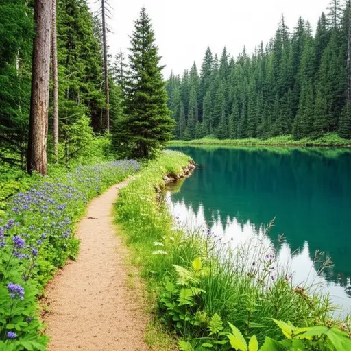 这条徒步小径延伸过湖泊，进入森林。