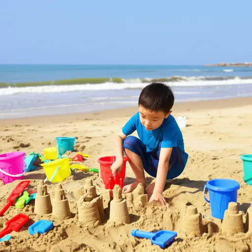 这个小男孩在沙滩上堆沙堡。