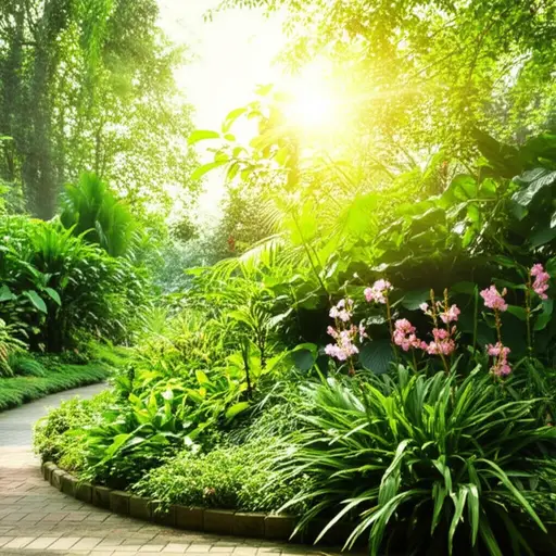 明亮的阳光充满了花园。