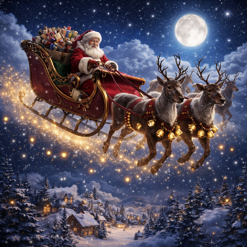 圣诞老人雪橇上的铃铛在夜空中叮当作响。