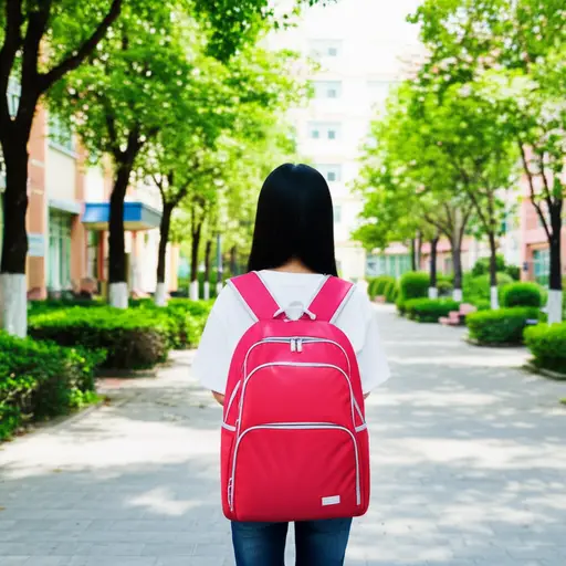 我买了一个新的红色背包去上学。