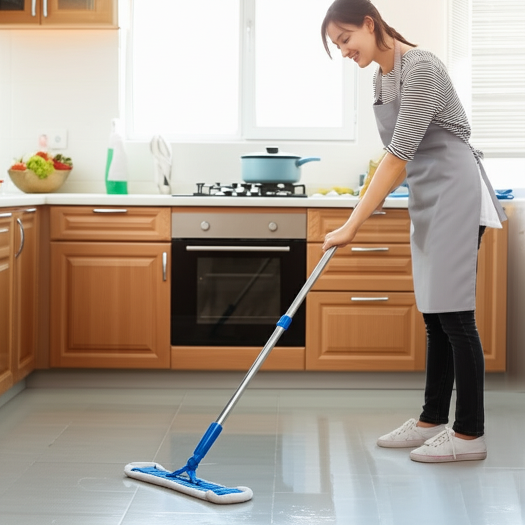 做完饭后我们会拖厨房地板。