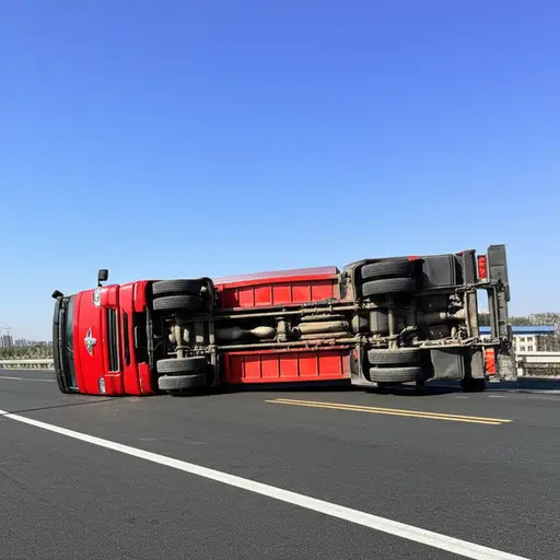 道路被一辆翻倒的卡车完全堵住了。