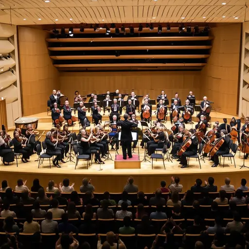 管弦乐队的表演赢得了观众的起立鼓掌。