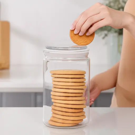 她把饼干放在一个玻璃罐里。