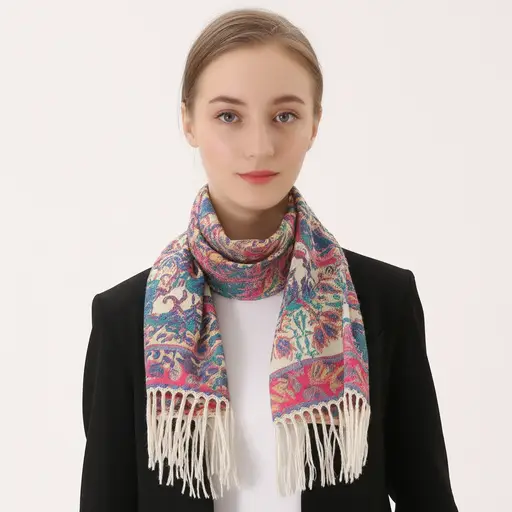 她脖子上围着一条围巾。