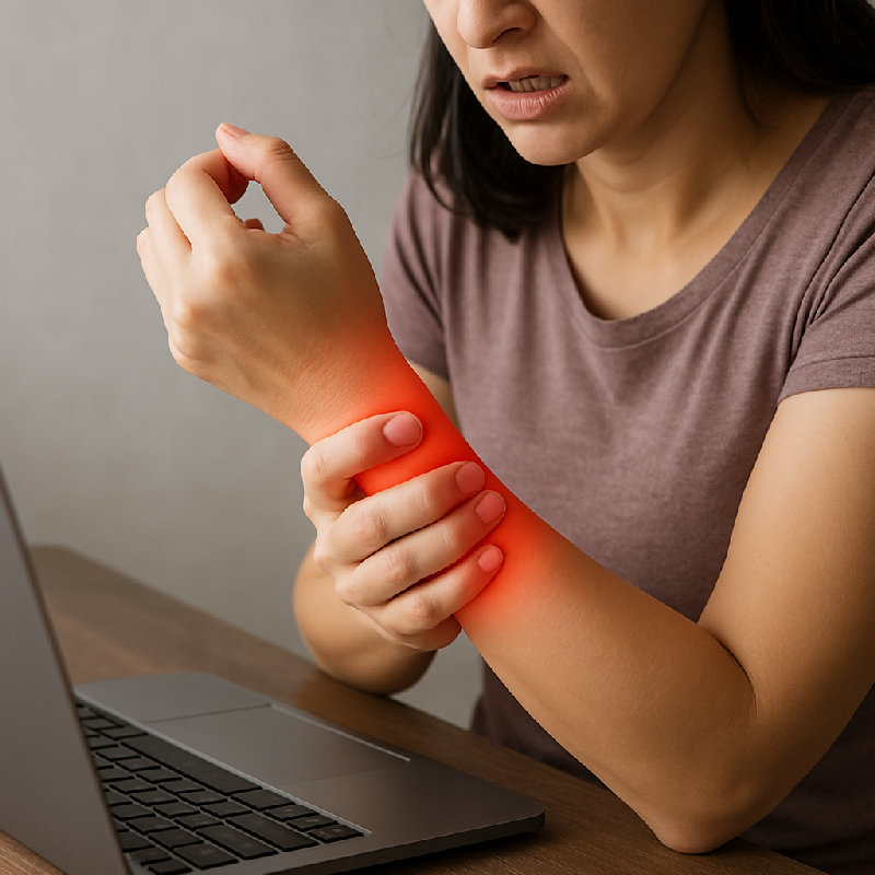 她打字打了几个小时后，感觉手腕一阵剧痛。