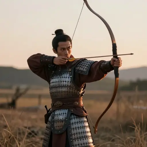 这位古代战士熟练地拉开他的弓，瞄准了目标。