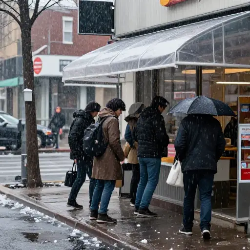 冰雹开始落下时，行人迅速躲到商店的雨棚下。
