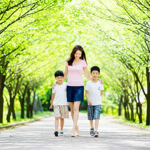 她和两个男孩一起散步时，看起来轻松快乐。