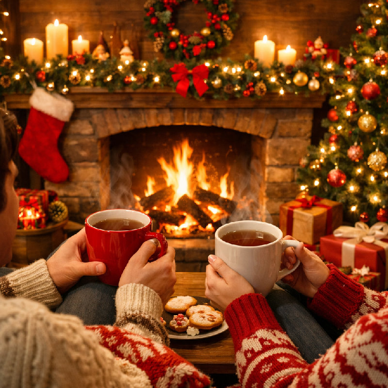 冬天的时候，我们经常围在火炉旁喝热茶。