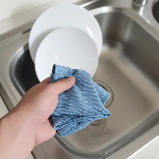 请把洗碗布递给我，我好擦干盘子。