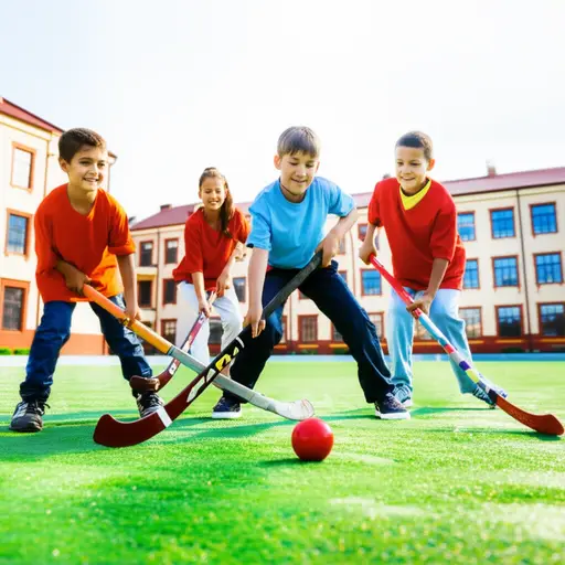 孩子们喜欢在学校打曲棍球。