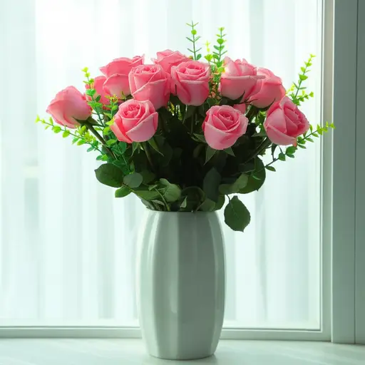 床边有一个大花瓶，里面插着花。