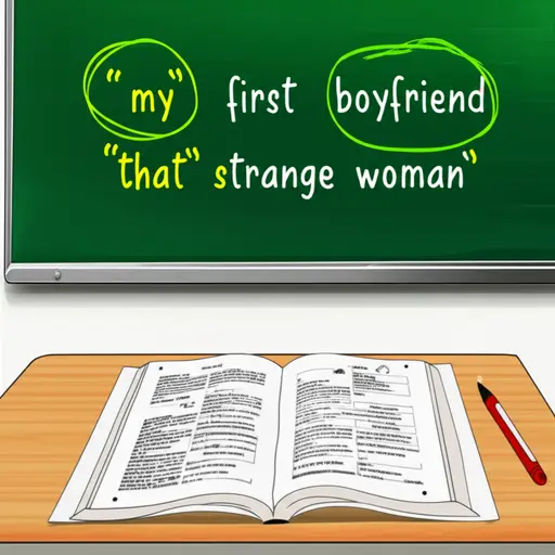 在短语'my first boyfriend'和'that strange woman'中，单词'my'和'that'是限定词。