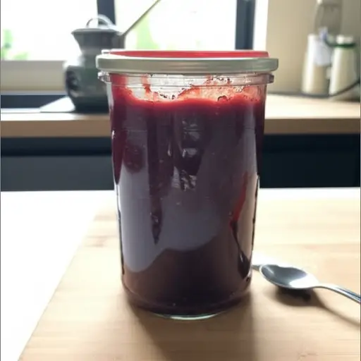 她把自制的果酱保存在一个玻璃罐里。