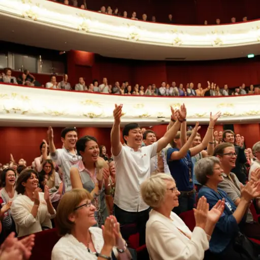 观众们鼓掌并欢呼要求再来一个。