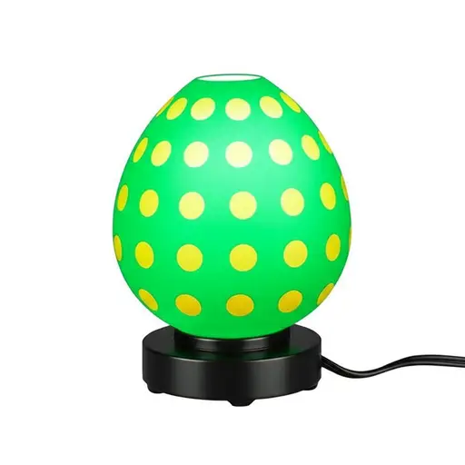 这盏灯是绿色的，上面有黄色圆点。