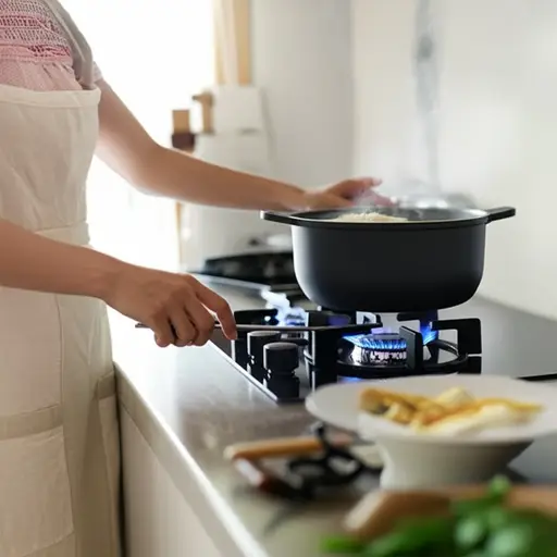 她打开灶具加热汤。