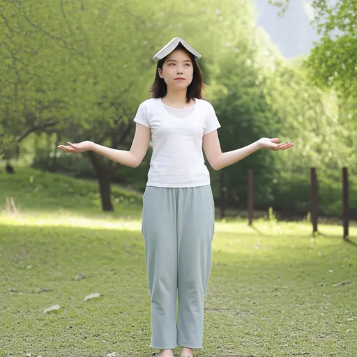 她正试着把一本书顶在头上保持平衡。