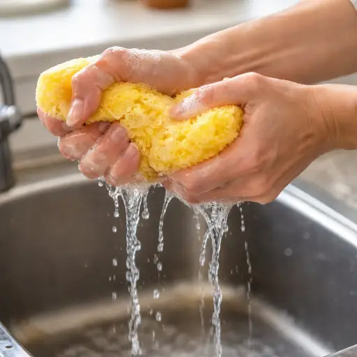 她把水从湿海绵里挤出来。