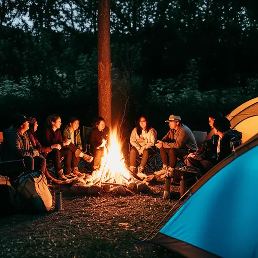 露营时我们围坐在篝火旁取暖。