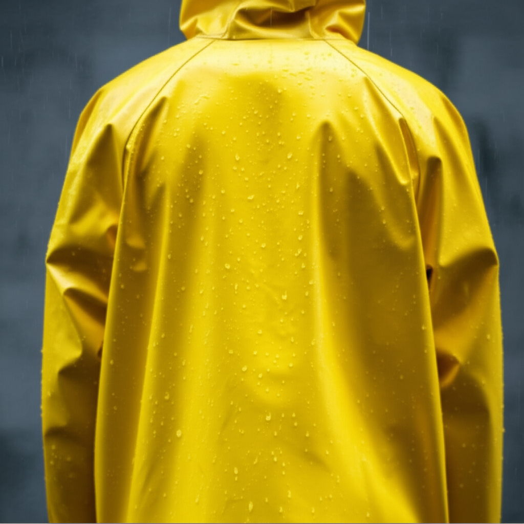 他穿着雨衣走在雨中。