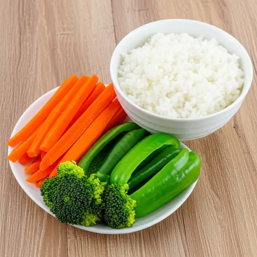 我最喜欢的食物是米饭配蔬菜。