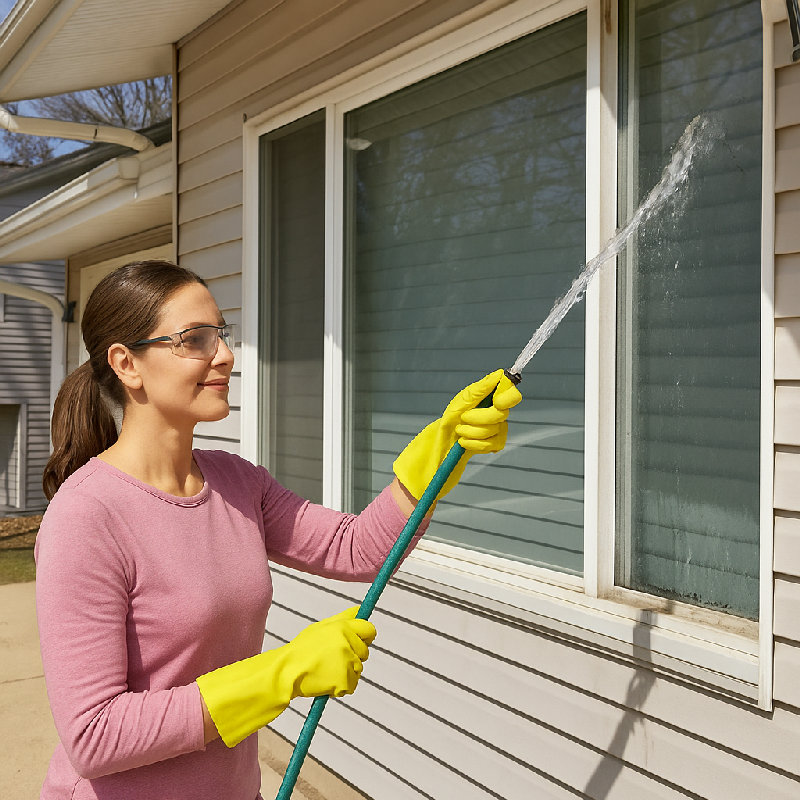 她用水冲掉窗户上的清洁剂。